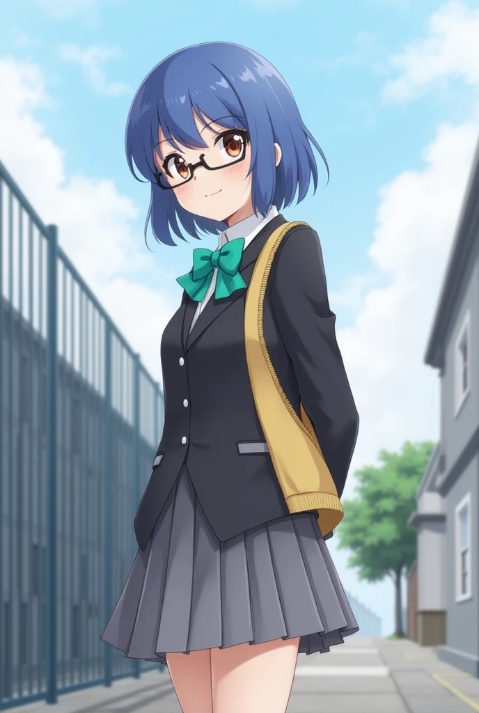 (2heads:1.4), ciel_(tsukihime), 1girl, black jacket, blazer, blue hair, blurry, bow, bowtie, building, cloud, collared shirt, day, depth of field, fence, from side, glasses, green bow, green bowtie, jacket, looking at viewer, school uniform, grey skirt, pleated skirt, shirt, short hair, sky, solo, standing, (full body:1.5), (from below:1.4), thighs, vest, white shirt, yellow vest, outdoors, smile, black-framed eyewear, open clothes, blue sky, closed mouth, long sleeves, tree, open jacket, blue jacket, breasts, arms behind back, yellow cardigan, uniform, pocket