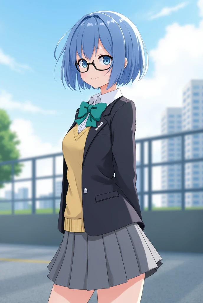 (2heads:1.4), ciel_(tsukihime), 1girl, black jacket, blazer, blue hair, blurry, bow, bowtie, building, cloud, collared shirt, day, depth of field, fence, from side, glasses, green bow, green bowtie, jacket, looking at viewer, school uniform, grey skirt, pleated skirt, shirt, short hair, sky, solo, standing, (full body:1.5), (from below:1.4), thighs, vest, white shirt, yellow vest, outdoors, smile, black-framed eyewear, open clothes, blue sky, closed mouth, long sleeves, tree, open jacket, blue jacket, breasts, arms behind back, yellow cardigan, uniform, pocket