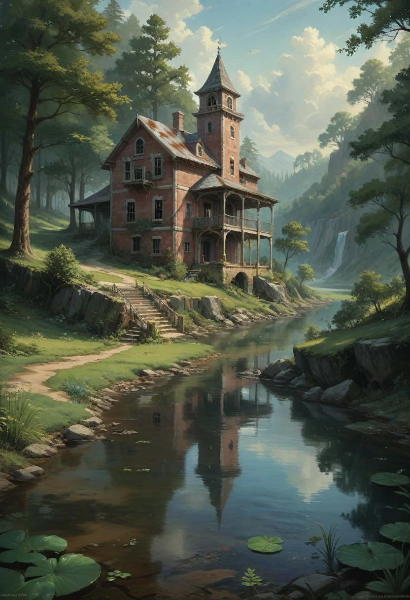 Abandoned house by the lake,landscape, water, (8k wallpaper of extremely detailed CG unit), most beautiful works of art in the world, majestic oil painting professional, intricate, high detail, sharp focus, dramatic and photorealistic painting art