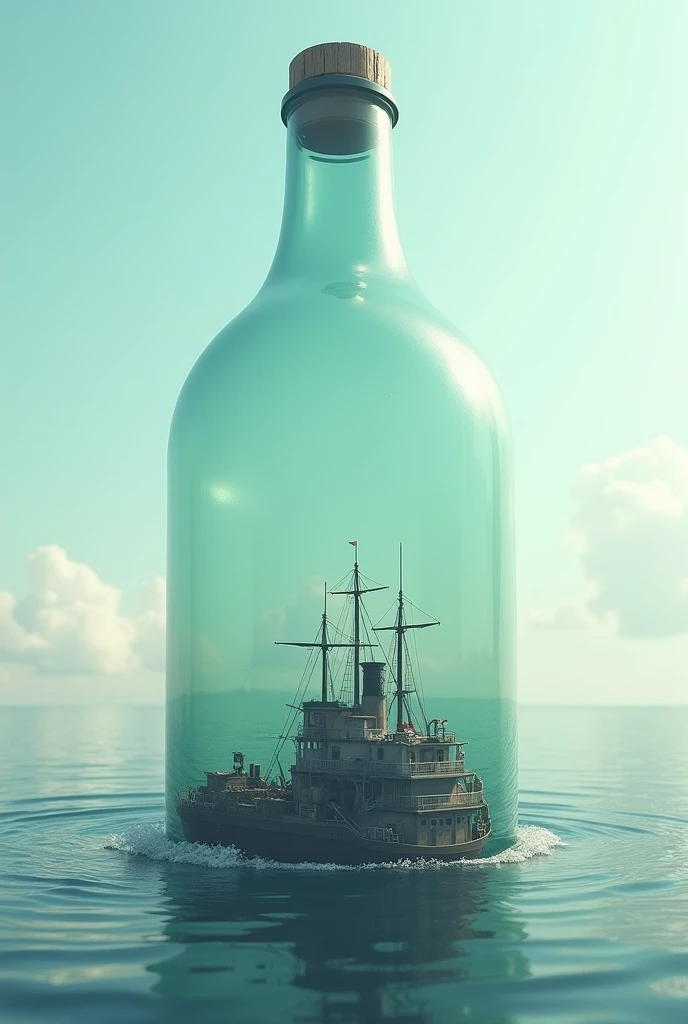 
a giant bottle. transparent color. inverted position facing down. in it were many small cargo ships. waiting to come out of the open bottle hole