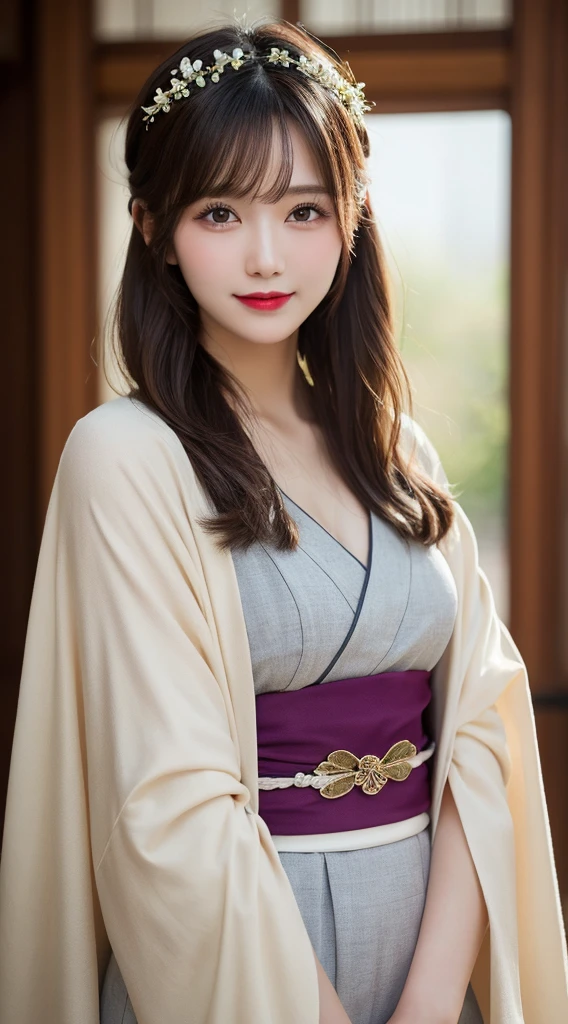 whole body, best quality, shape, Very detailed, detailed, high resolution, 8k wallpaper, Perfect dynamic composition, Beautiful details, kimono,Medium Length Hair, Central chest, Natural lip color, Casual sexy pose,Smile,shrine,flower hair accessories,Lovely,