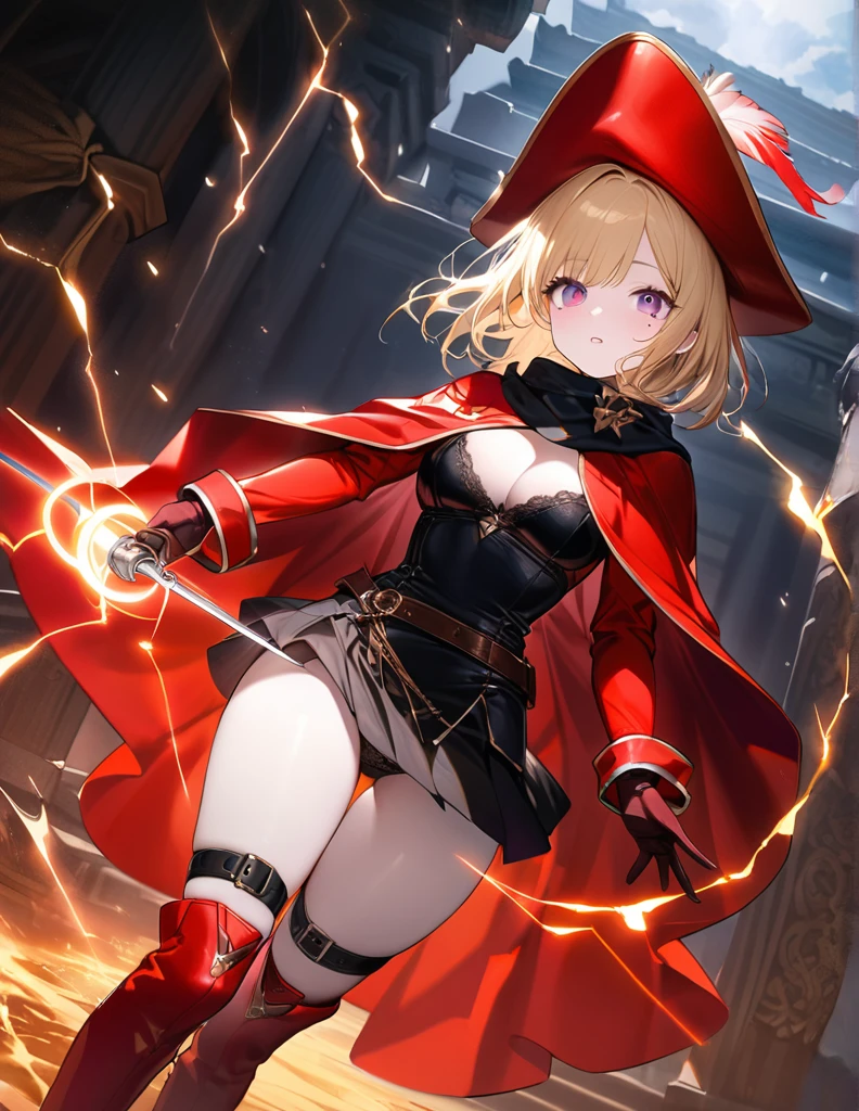 (One Woman),(Best image quality, 32K, masterpiece:1.3),((Blonde medium hair:1.1)),(Swept-apart bangs,), (Cute eyes, Dark Eyes), (Detailed eyes),(Mole under right eye), (Standard weight), (Glowing Skin:1.1),(Pale skin:1.2),(A fantastic atmosphere),(look up),Ultra-high resolution, Textured skin, Sparkle Effect, whole body,absolute thigh area,Red Mage,Thunder Effect,Panty shot,
Red Musketeer Outfit,Red Musketeer Feathered Hat,Have a rapier,Produces magical lightning from hands,magic circle,Red Cape,Black scarf,Red, luxurious long boots,Black Mini Skirt,Red luxurious long gloves,Leg belt,Leg Ring,Lightning aura,Black lace panties,
Slanted Eyes,
Ancient temple,