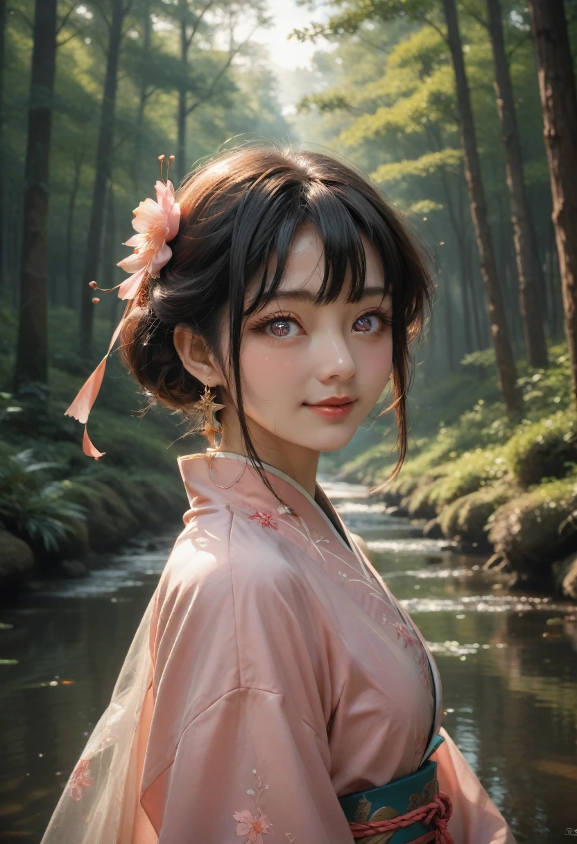 Superb Quality, Masterpiece, High Resolution, 1Girl, Blush, (Charming Smile: 0.8), Star Eyes, Chinese Hanfu, Hair Accessories, Jewelry, Beauty, on_body, Tyndall Effect, Realistic, Peach Blossom Forest, Light Edge, Two-tone Lighting, (High Detail Skin: 1.2), 8K UHD, DSLR, Soft Light, High Quality, Volume Lighting, Voyeur, Photo, High Resolution, 4K, 8K, Background Blur