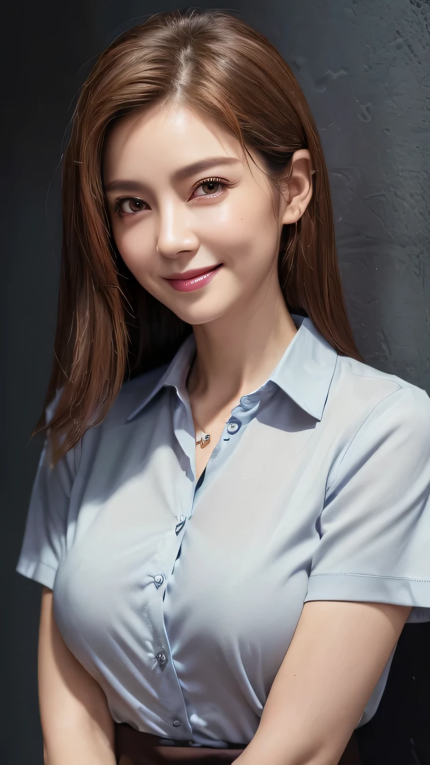 ((Highest quality, 8k, realistic photographic expression、delicate、detailed、Ultra-high resolution、masterpiece: 1.3))、((Slender body:1.4))、(((Mature beautiful middle-aged woman、4 Japanese matomically correct face、charisma)))、(Slim and toned waist:1.3),(((Very large breasts)))、((A lot of brown hair、Messy medium length hair))、(())、((White collared business shirt、A thin business shirt))、Natural Makeup、((smile:1.2))、Thin legs, Small face with pointed chin、Rough skin、Long droopy eyes、((Age Line、Wrinkles around the eyes:1.4))、necklace, (Professional cool lighting:1.3)、(Waist to head:1.2)、cool and simple dark wall background、