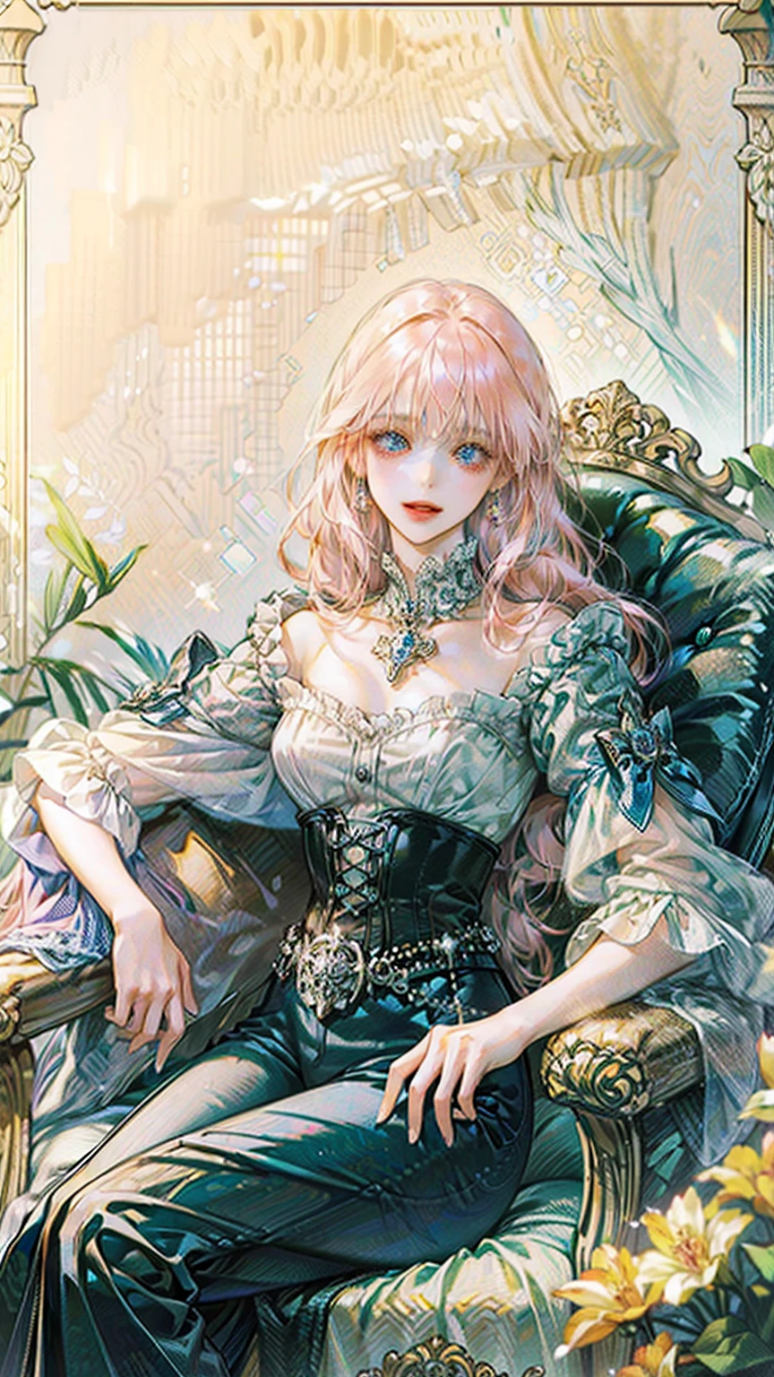 ((best quality)), ((ultra high definition)), ((masterpiece)), ((Romance Fantasy)), ((illustration)), (detailed), (clear), (Perfect), 1 woman, mature, beautiful, Pure atmosphere, A calm smiling expression, long pink hair with bangs, white skin, Sapphire blue eyes, Deep double eyelids, abundant eyelashes, pretty lips, big bust, small waist, white blouse, black pants, Sitting on a fancy chair