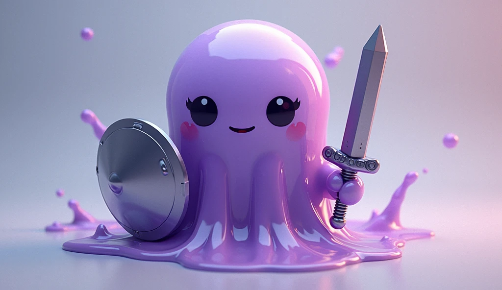 ((Highest quality)), ((masterpiece)), (detailed),A gel-like, disintegrating creature、Purple、No limbs、Holding a metal hero&#39;s shield in one hand and a metal hero&#39;s sword in the other、Her face is cute、One person、Gender: Male
