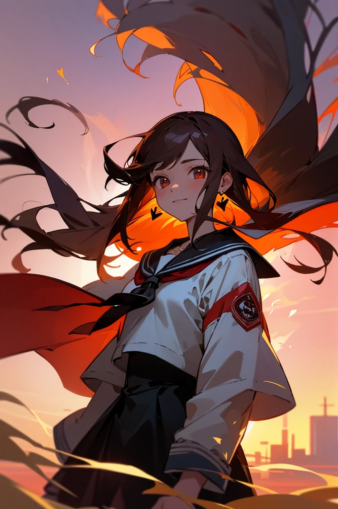 8k resolution, absurdres, cowboy shot, cyberpunk, girl, student, light smile, long hair, brown hair, bob hair, drop earrings, necklace, sailor shirt, sailor suit, sunset, city, Cinematic Lighting, beautiful detailed glow, floating ashes, beautiful and detailed explosion, red moon, fire, fire cloud, wings on fire, a cloudy sky, smoke of gunpowder, burning, black dress, dove of peace, (floating cloud:1.2)