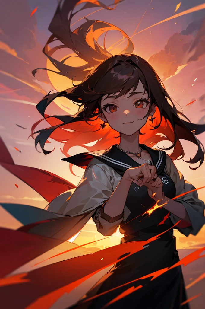 8k resolution, absurdres, cowboy shot, cyberpunk, girl, student, light smile, long hair, brown hair, bob hair, drop earrings, necklace, sailor shirt, sailor suit, sunset, city, Cinematic Lighting, beautiful detailed glow, floating ashes, beautiful and detailed explosion, red moon, fire, fire cloud, wings on fire, a cloudy sky, smoke of gunpowder, burning, black dress, dove of peace, (floating cloud:1.2)