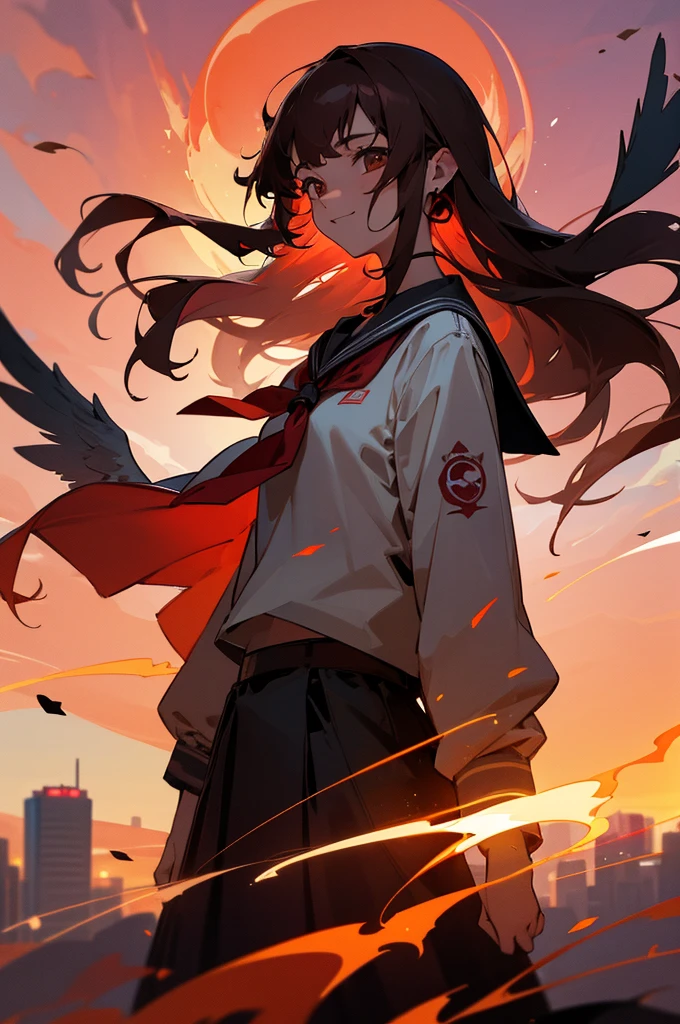 8k resolution, absurdres, cowboy shot, cyberpunk, girl, student, light smile, long hair, brown hair, bob hair, drop earrings, necklace, sailor shirt, sailor suit, sunset, city, Cinematic Lighting, beautiful detailed glow, floating ashes, beautiful and detailed explosion, red moon, fire, fire cloud, wings on fire, a cloudy sky, smoke of gunpowder, burning, black dress, dove of peace, (floating cloud:1.2)