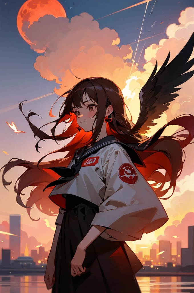 8k resolution, absurdres, cowboy shot, cyberpunk, girl, student, light smile, long hair, brown hair, bob hair, drop earrings, necklace, sailor shirt, sailor suit, sunset, city, Cinematic Lighting, beautiful detailed glow, floating ashes, beautiful and detailed explosion, red moon, fire, fire cloud, wings on fire, a cloudy sky, smoke of gunpowder, burning, black dress, dove of peace, (floating cloud:1.2)