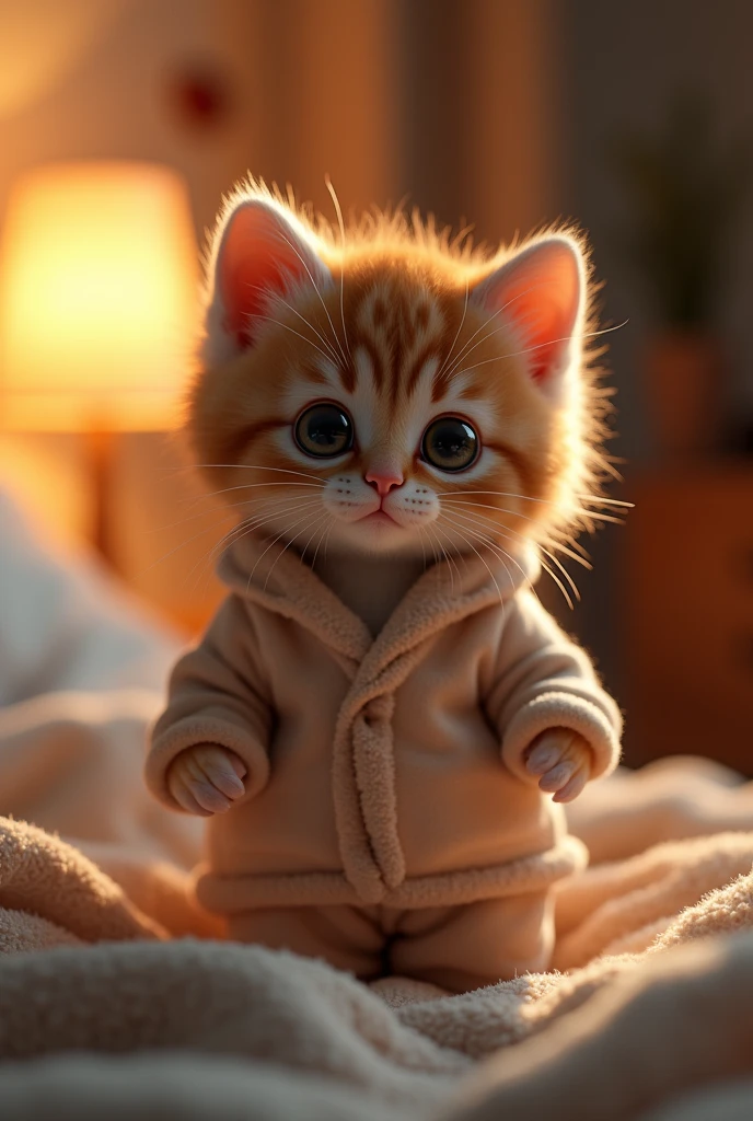  "Dressed in cozy, soft loungewear、AI-generated image of a cute little kitten。 The kitten is in a warm, softly lit room,、Clearly feeling uncomfortable。 