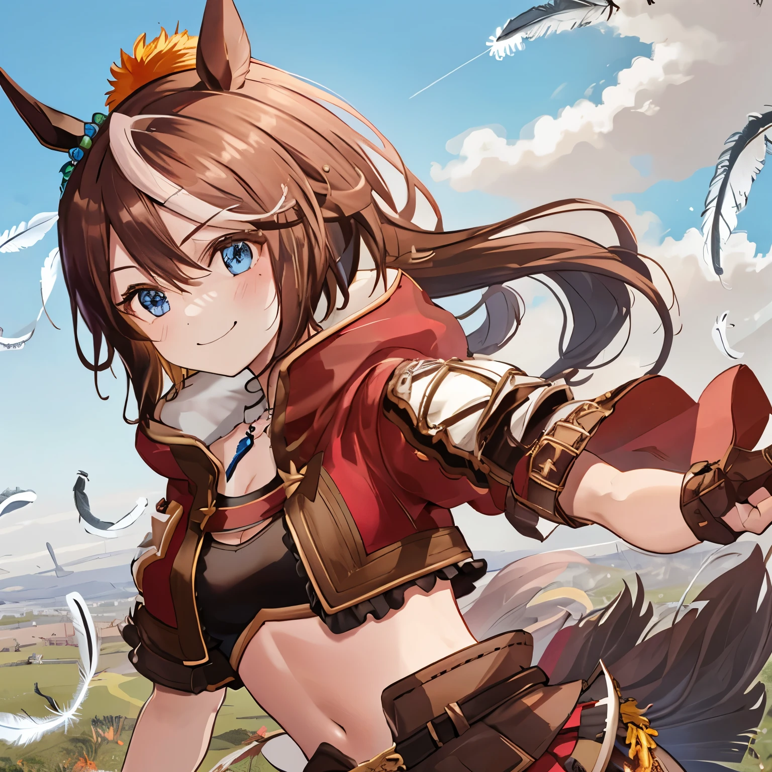 ((masterpiece, best quality)),1girl,Tokai Teio,Tokai Teio(horizon),horse ears,horse girl,brown hair,long hair,high ponytail,streaked_hair,multicolored_hair,blue eyes,jacket,cropped jacket,crop top,midriff,fingerless gloves,short sleeves,navel,skirt,belt,cape,jewelry,frills,hair ornament,hood down,necklace,thighhighs,boots,official_alternate_costume ,smile,victory pose,on grass,cloudy sky,burning feathers, fire,