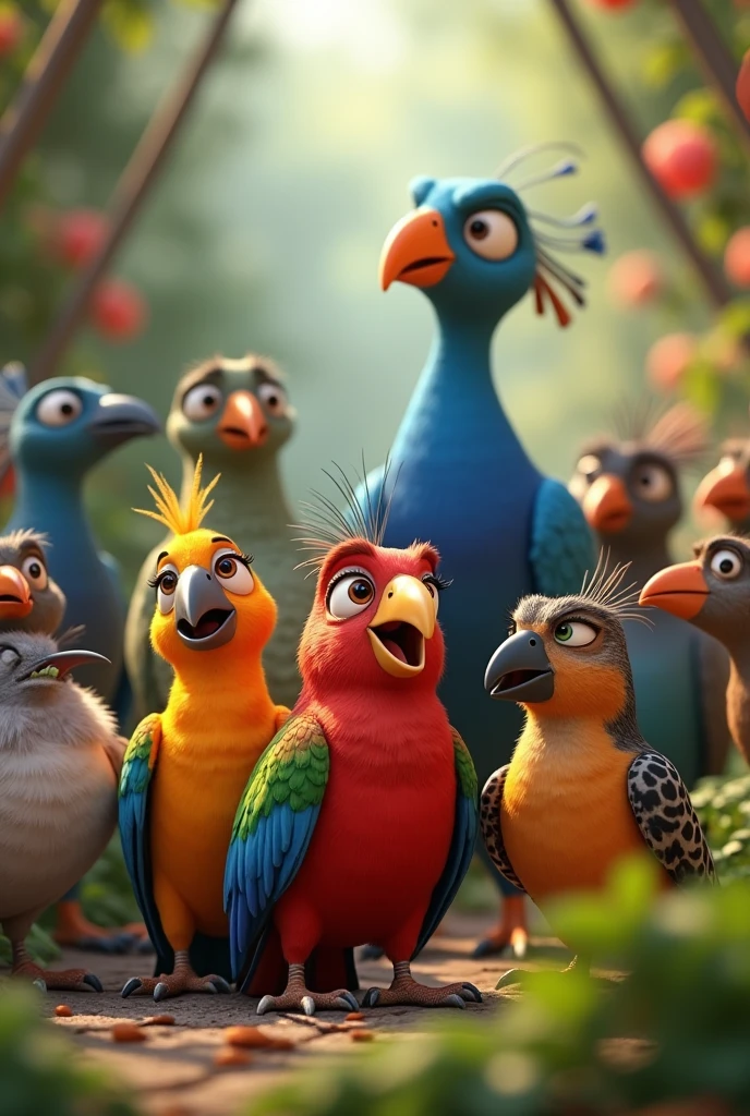 In cinematic 3d cartoon style
"Surrounding them are other birds— a curious pigeon, a colorful parrot, and an elegant peacock—watching in awe