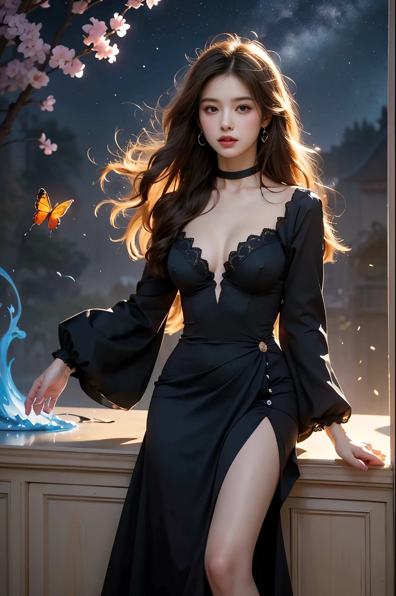 shrug \(clothing\)
black dress black choker elegant posture, She gently lifted her skirt with one hand,头发周围有白色的Butterfly兰，Lilac dendrobium、White Lily, Long legs , Deep in Wonderland, ((Flowing long hair))Official Art , Unity8k Wallpaper , Extremely detailed , Visible cleavage, Pretty and beautiful , 性感Long legs, masterpiece , best quality ,Practical, Very detailed illustrations ,Extremely detailed , Intricate details , Extremely complex and detailed , Very detailed 8KCG wallpaper , Caustics .reflection , Ray Tracing , Devil theme ,nebula ,Dark aura, Network Effects , (1 girl)solitary , 小蓝Butterfly , (Blue plasma flame , (insect , Butterfly)) Pastel tones in Rococo style ,Light white and light dark red , Incredibly beautiful , Cherry blossoms , Surrealism ,painting , Ethereal , Mixing reality and fantasy elements ,Ray Tracing , Complex Mode , Exquisite lines , Perfect your hands, Starry Sky , Colorful , Star