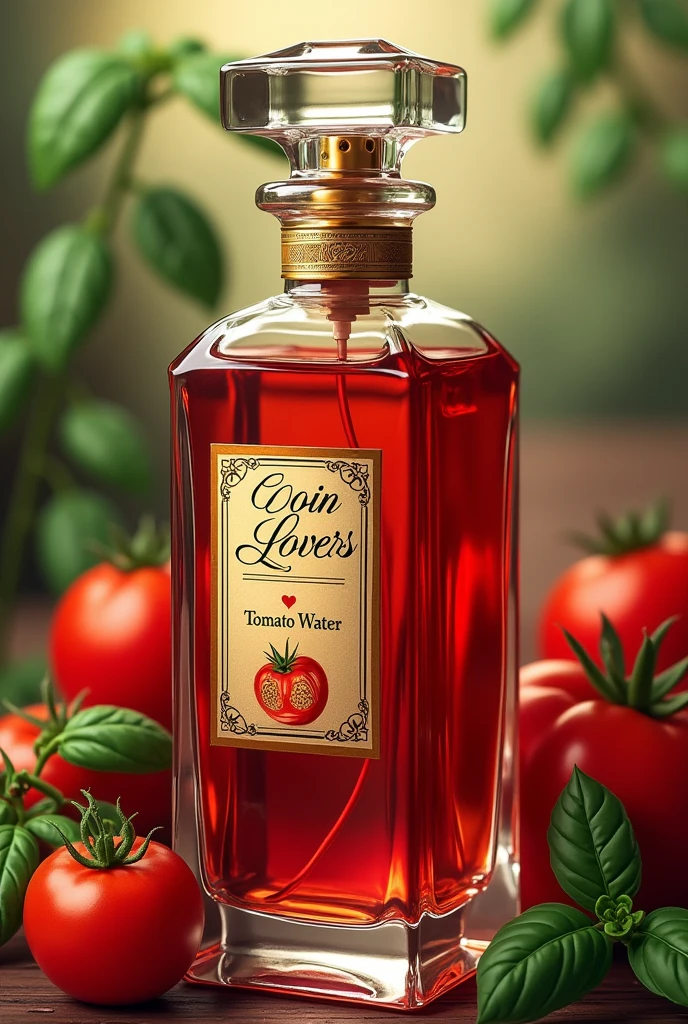Image d’illustration vintage flacon transparent rouge de parfum inscrit « Coin Coin Lovers » inscrit « Eau de Tomate », en arrière plan des tomates et dû basilic 