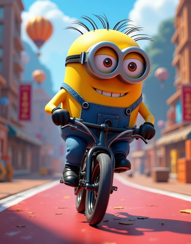 Minion Kevin black bike in Ultimate Bike Race, Kevin sees the finish line ahead.. He put all his strength into pedaling quickly to the finish line.,
Happy face when first to finish pulling the Bicycle rope