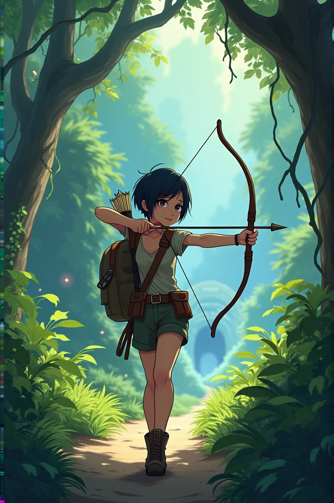 Female anime boy with short black hair explorer jungle archer fantasy dungeons and dragons