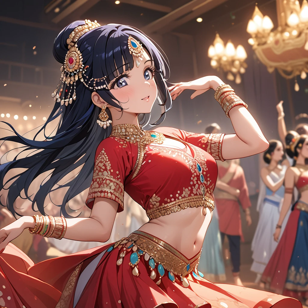 ((Highest quality)), ((masterpiece)), (detailed), (Perfect Face)、The woman is Reika Aoki with semi-long hair、A woman is dancing beautifully in Bollywood dance costume in India