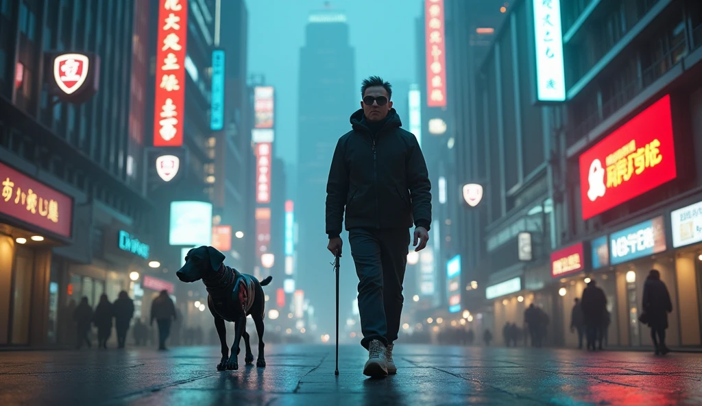 Futuristic street photography of a blind man, with dark glasses and a white cane, walking confidently with a robotic guide dog, (full body framing:1.2), navigating through a high-tech cityscape, neon and holographic lights illuminating the scene, shot from a low angle, on a Sony A7S III with a 24mm f/1.4 lens, (bokeh effect:1.3), (cyberpunk color grading:1.4), in the style of (Syd Mead:1.5)