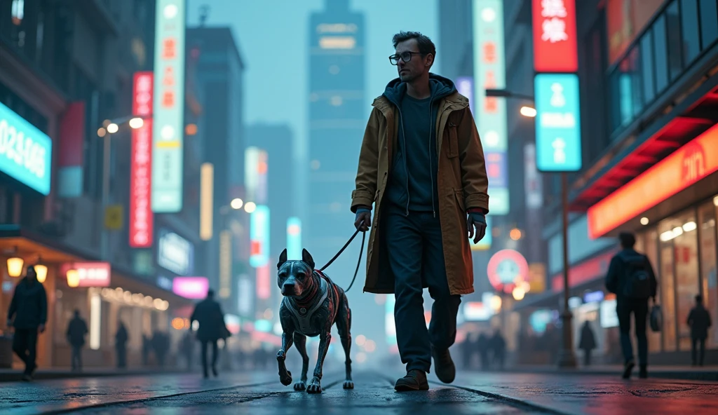 Futuristic street photography of a blind man, with dark glasses and a white cane, walking confidently with a robotic guide dog, (full body framing:1.2), navigating through a high-tech cityscape, neon and holographic lights illuminating the scene, shot from a low angle, on a Sony A7S III with a 24mm f/1.4 lens, (bokeh effect:1.3), (cyberpunk color grading:1.4), in the style of (Syd Mead:1.5)