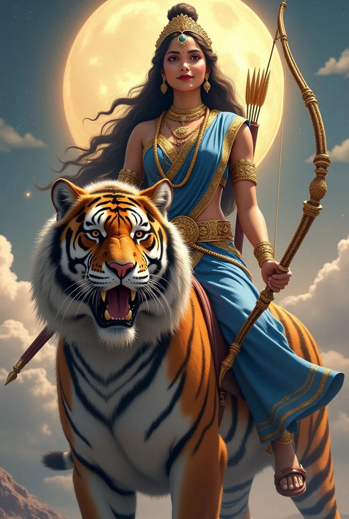 "Create an ultra-realistic image of the beautiful Goddess Chandraghanta, depicted in her divine form, wearing a royal blue saree with a matching royal blue blouse. The saree should be richly detailed with intricate gold embroidery, symbolizing her royal status and celestial power. Her skin should glow with a soft, radiant light, reflecting her divine nature. Her face should be serene yet powerful, with large, compassionate eyes that exude both grace and strength. A serene smile should adorn her face, conveying her peaceful nature and her commitment to the welfare of her devotees, she have extreme long hair, beautiful hair, long flowing hair, long wavy hair.

(((There is a half moon on her forehead.)))

She has only two hands.
In the right hand she is holding a majestic designed extreme big bow.
In the left hand she holds majestic big arrows.

She should be riding on an extremely large and powerful tigress, symbolizing her strength, courage, and readiness to protect her devotees. The tigress should have a fierce yet loyal expression, perfectly complementing the goddess's commanding presence.

The background should be a celestial landscape, with soft, glowing light that enhances the divine atmosphere. Elements like the moon and stars should be subtly incorporated to reflect her connection to the celestial realm. The overall image should capture the essence of Goddess Chandraghanta’s beauty, strength, and protective nature, presented in a highly realistic and detailed manner, with her mount emphasizing her power and readiness for battle."