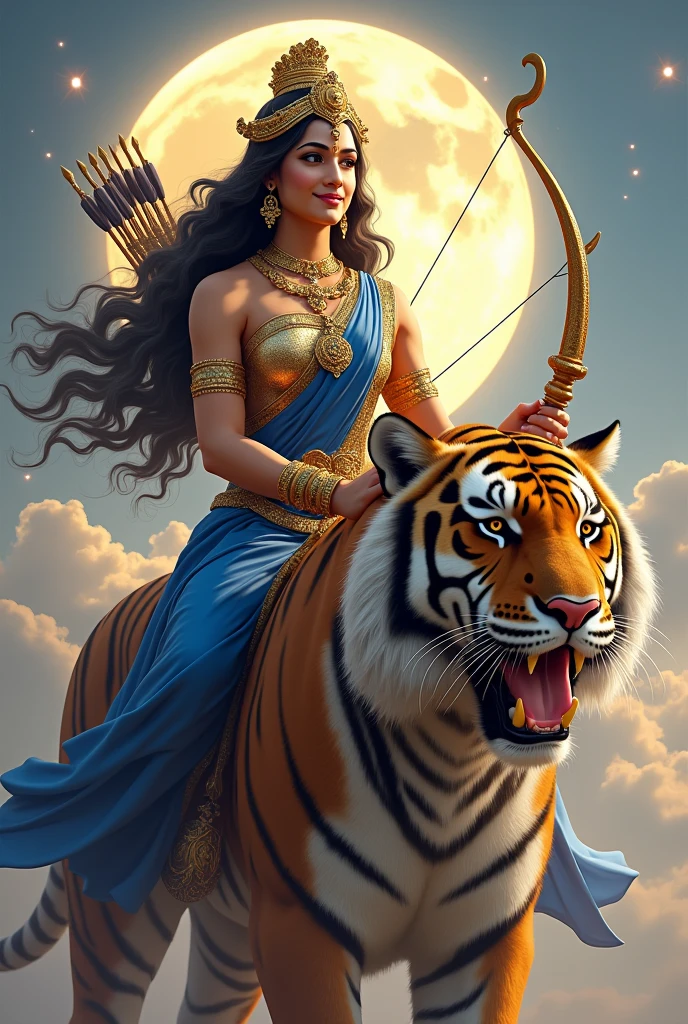 "Create an ultra-realistic image of the beautiful Goddess Chandraghanta, depicted in her divine form, wearing a royal blue saree with a matching royal blue blouse. The saree should be richly detailed with intricate gold embroidery, symbolizing her royal status and celestial power. Her skin should glow with a soft, radiant light, reflecting her divine nature. Her face should be serene yet powerful, with large, compassionate eyes that exude both grace and strength. A serene smile should adorn her face, conveying her peaceful nature and her commitment to the welfare of her devotees, she have extreme long hair, beautiful hair, long flowing hair, long wavy hair.
(((There is a half moon on her forehead.)))
She has only two hands.
In the right hand she is holding a majestic designed extreme big bow.
In the left hand she holds majestic big arrows.
She should be riding on an extremely large and powerful tigress, symbolizing her strength, courage, and readiness to protect her devotees. The tigress should have a fierce yet loyal expression, perfectly complementing the goddess's commanding presence.
The background should be a celestial landscape, with soft, glowing light that enhances the divine atmosphere. Elements like the moon and stars should be subtly incorporated to reflect her connection to the celestial realm. The overall image should capture the essence of Goddess Chandraghanta’s beauty, strength, and protective nature, presented in a highly realistic and detailed manner, with her mount emphasizing her power and readiness for battle."