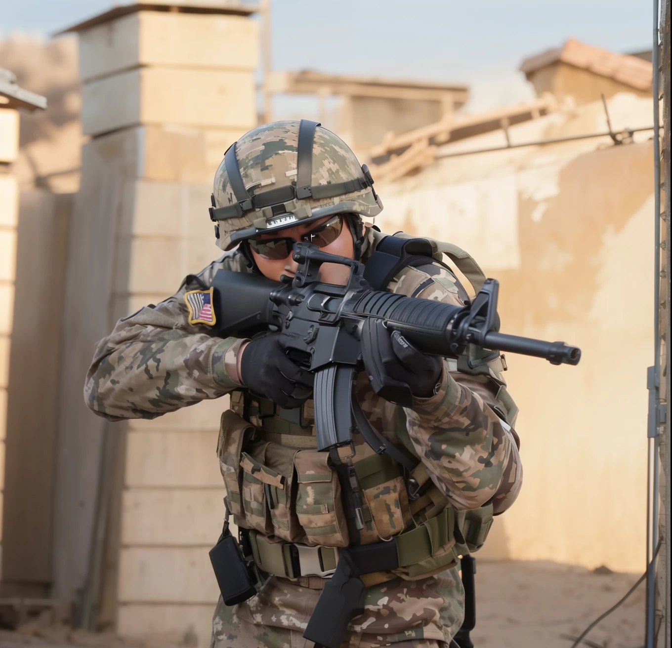 arafed soldier with a gun in his hand and a helmet on, a soldier aiming a gun, airsoft cqb, airsoft gun, shoulder mounted gun, man is carrying a rifle, wielding assault rifle, holding rifle, top shot, airsoft electric pistol, handling riffle on chest, military weaponry, battle action pose, holding a rifle, realistic soldiers, new york street backdrop