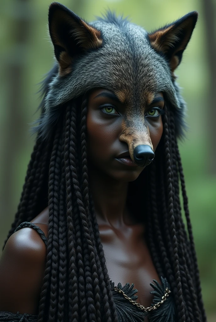 Only one
Only one 
Only one 2 girl with really dark skin 
Really dark skin 
Green eyes 
Long hair with African braids 
Using a gray wolf's head as a hood 
Covering her breasts with her hair 