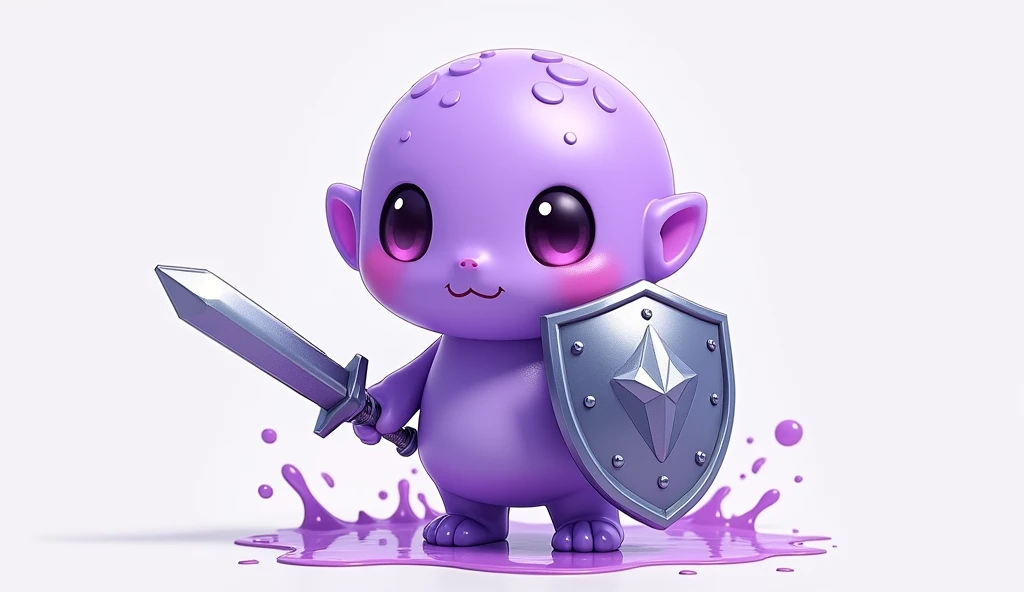 ((Highest quality)), ((masterpiece)), (detailed),A gel-like, disintegrating creature、Purple、No limbs、Holding a metal hero's shield in one hand and a metal hero's sword in the other、Her face is cute、One person、Gender: Male、Anime Style