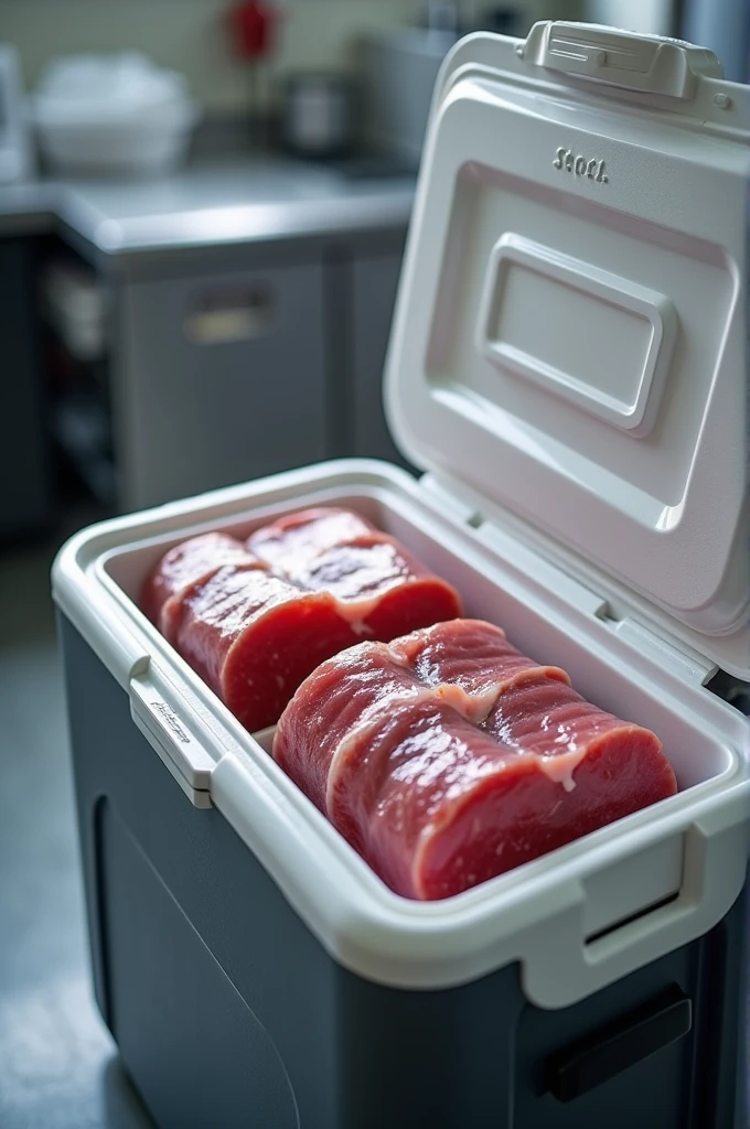 Vacuum-packed meat is placed in a high-quality cooler box.