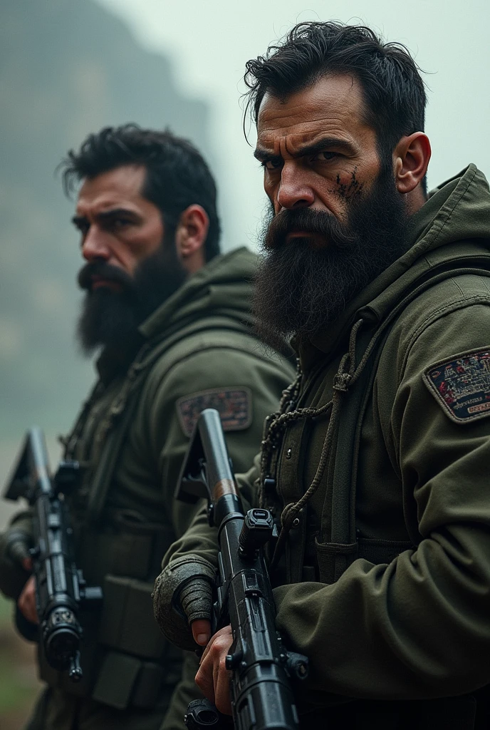 A 2 soldier, brunette hair, scars on his face, facial hair, looking villainous
