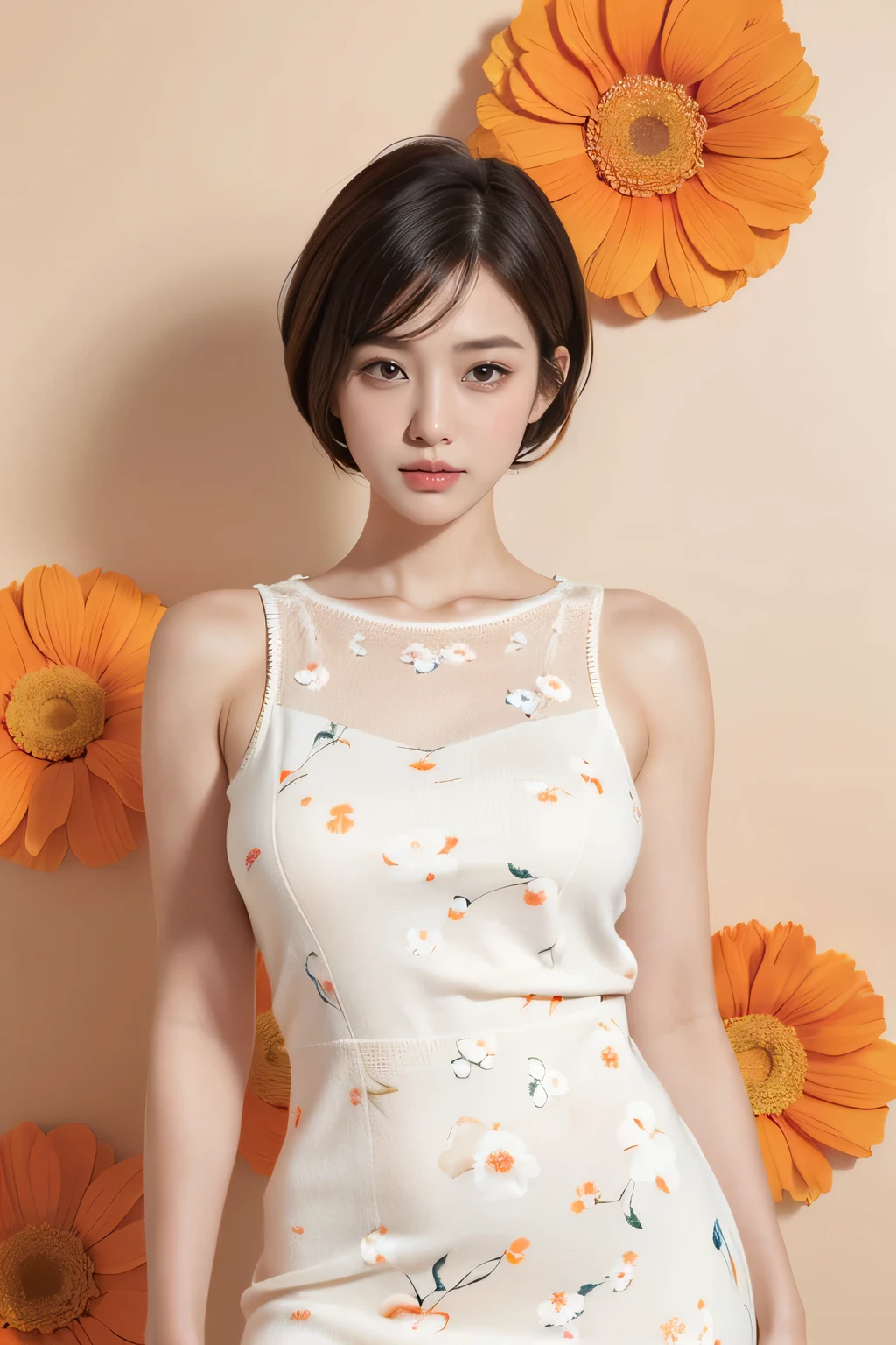 masutepiece, Best quality, (1womanl), Ultra-detailed, finedetail, A high resolution, 8K picture quality, hyper HD, Perfect dynamic composition, Beautiful detailed eyes,  Natural lips, Orange and white floral knitted dress, extra very short hair, abstract backgrounds, is shy, Diffused neon in the background,