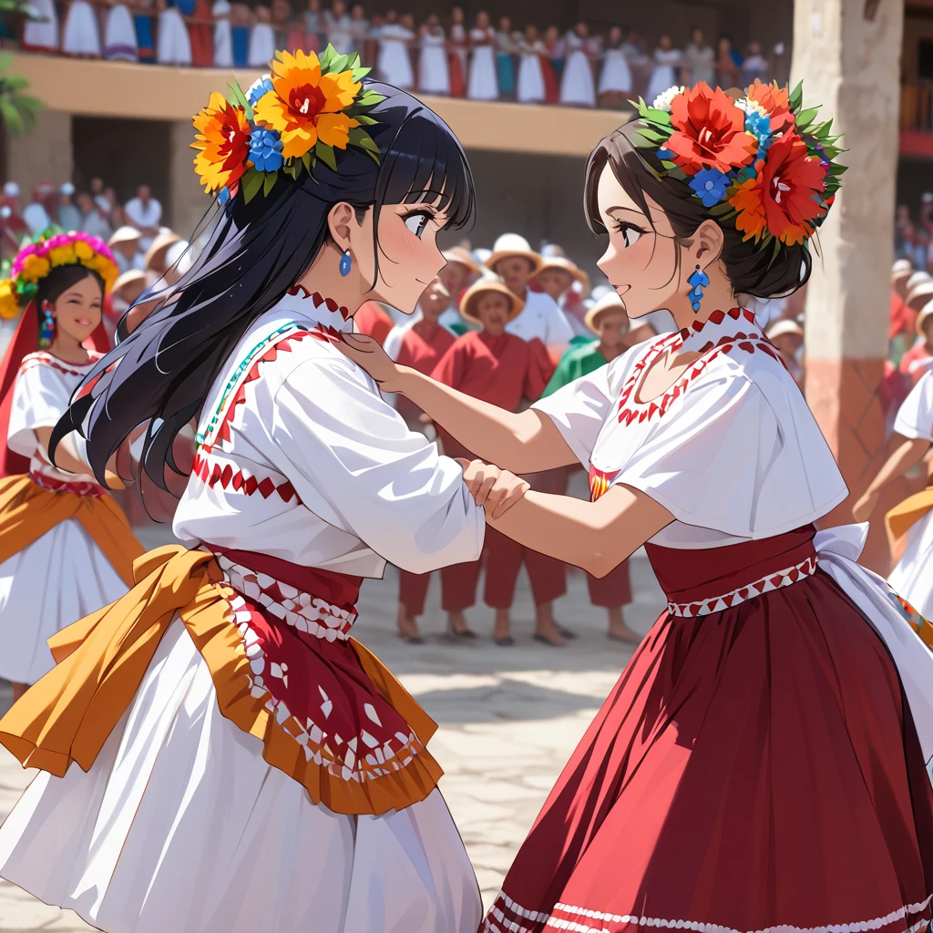 ((Highest quality)), ((masterpiece)), (detailed), （Perfect Face）、The woman is Reika Aoki with semi-long hair、A woman is dancing in a Guelaguetza costume in Guelaguetza, Mexico