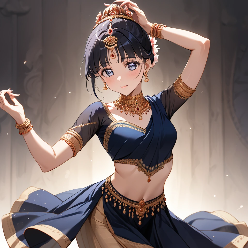 ((Highest quality)), ((masterpiece)), (detailed), （Perfect Face）、The woman is Reika Aoki with semi-long hair、A woman is dancing Bharatanatyam in Bharatanatyam costume in India