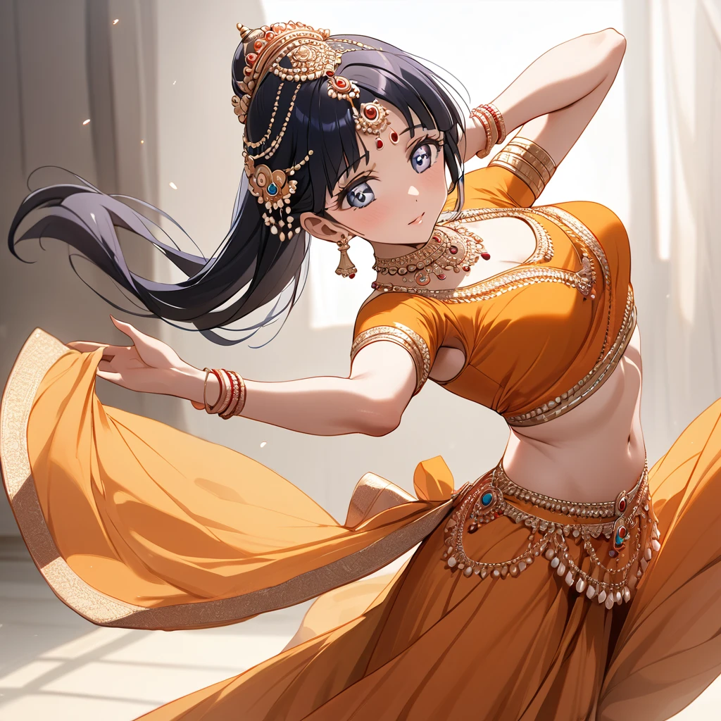 ((Highest quality)), ((masterpiece)), (detailed), (Perfect Face)、The woman is Reika Aoki with semi-long hair、A woman is dancing Bharatanatyam in Bharatanatyam costume in India