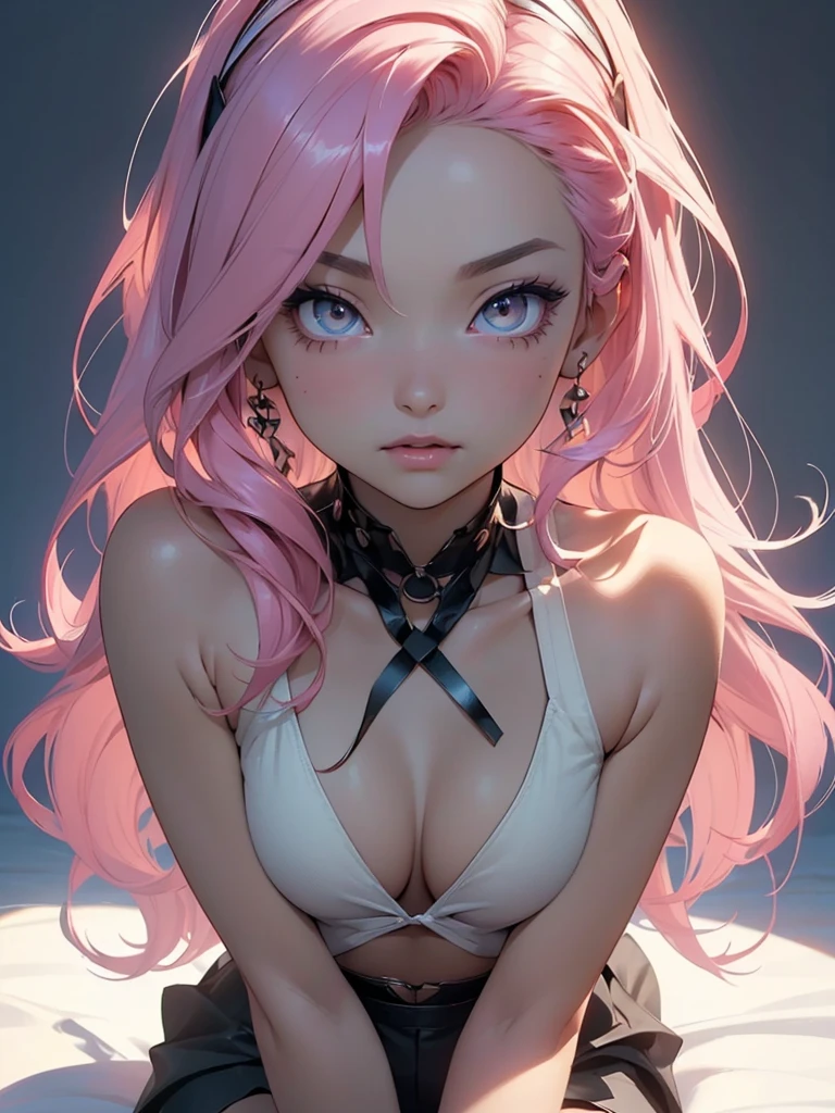 (Very detailed CG unity 8K wallpaper），best qualtiy，cinmatic lighting，detailed back ground，((best quality)), ((masterpiece)), (detailed), NSFW, small breasts, prominent collarbones, skinny arms, flat and toned stomach, visible hip bones, full body, long hair, pink hair, Realistic Shadows, Detailed skin, Very small breasts, Very detailed, highly detailed face, Perfect face shape, Perfect lips, Perfect nose, Correct beautiful eyes, Watching Viewer, Best Quality, Single korean Girl, wearing mini skirt,showing skin,show face,deep cleavage,thin waist,slim silhouette,thin thighs,very beautiful face,photorealistic,ultra quality,
