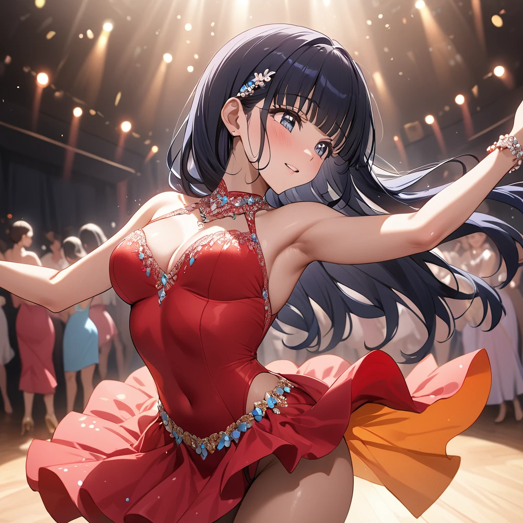 ((Highest quality)), ((masterpiece)), (detailed), (Perfect Face)、The woman is Reika Aoki with semi-long hair、A woman is dancing salsa passionately in a salsa costume in South America