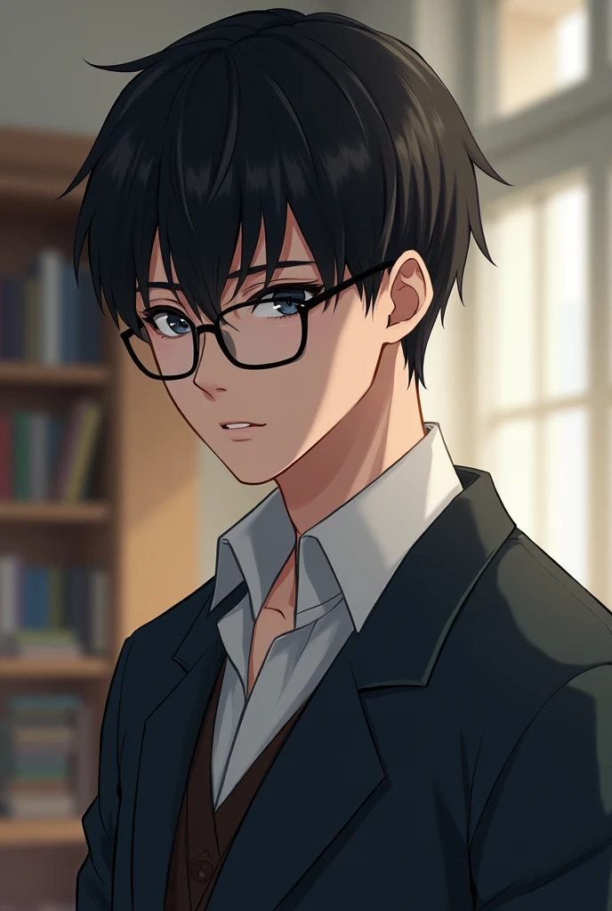 A high school boy wearing glasses, black hair, black eyes, tall, good looking, fair skin, small eyes, a nerd who is good at studying, square black glasses, crew cut hair, hair covering the eyebrows, hair covering the forehead, an introvert, not sweet but not strong face, small eyes, not sweet eyes