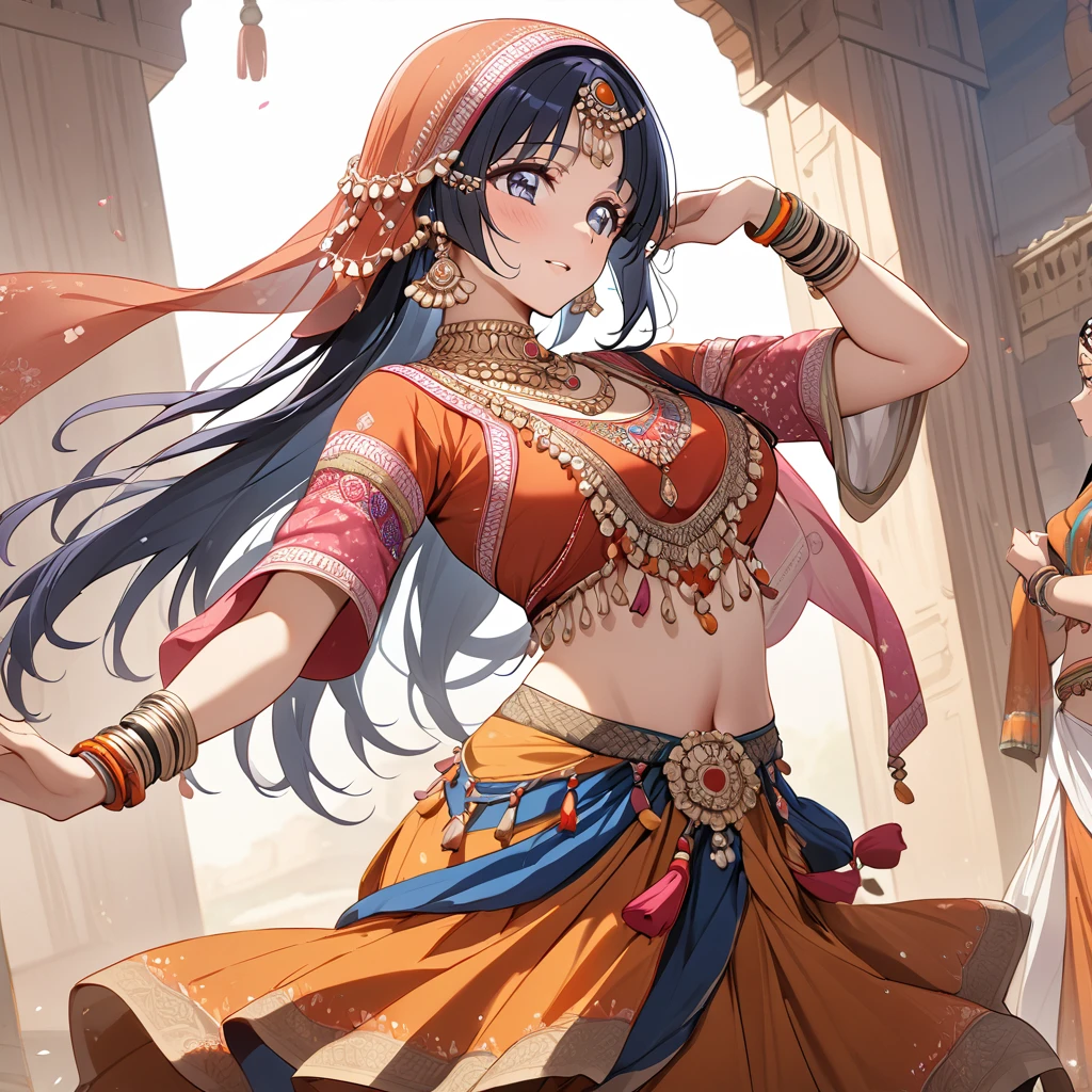((Highest quality)), ((masterpiece)), (detailed), (Perfect Face)、The woman is Reika Aoki with semi-long hair、A woman is dancing Rajasthani dance in an Indian Rajasthani dance costume.