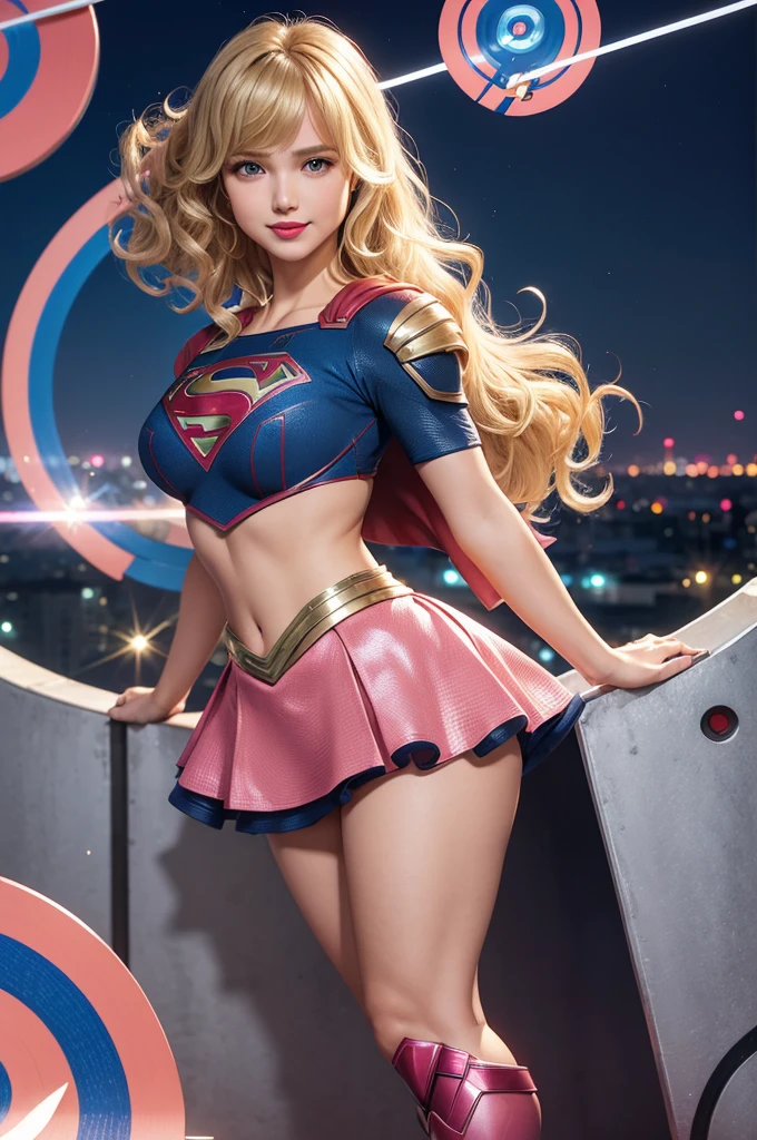 girl, 2, Full body view, Full body view, Full body view, Beautiful woman with shoulder length wavy blonde hair, Both sides up with bangs, curls, Shoulder-Length Blonde Wavy Hair,with bangs, Both sides up, curls, Shoulder-Length Blonde Wavy Hair,with bangs, Both sides up, curls, Definition, (Large target_breast:1.5) Red lipstick, Smile, hands-free, Stand facing the camera, (( Short sleeve, Knee length, Two-piece, sparkling pink and blue futuristic body armor of Supergirl with matching skirt and high heels)), Roof garden city night view, (Curvy beauty:1.0)