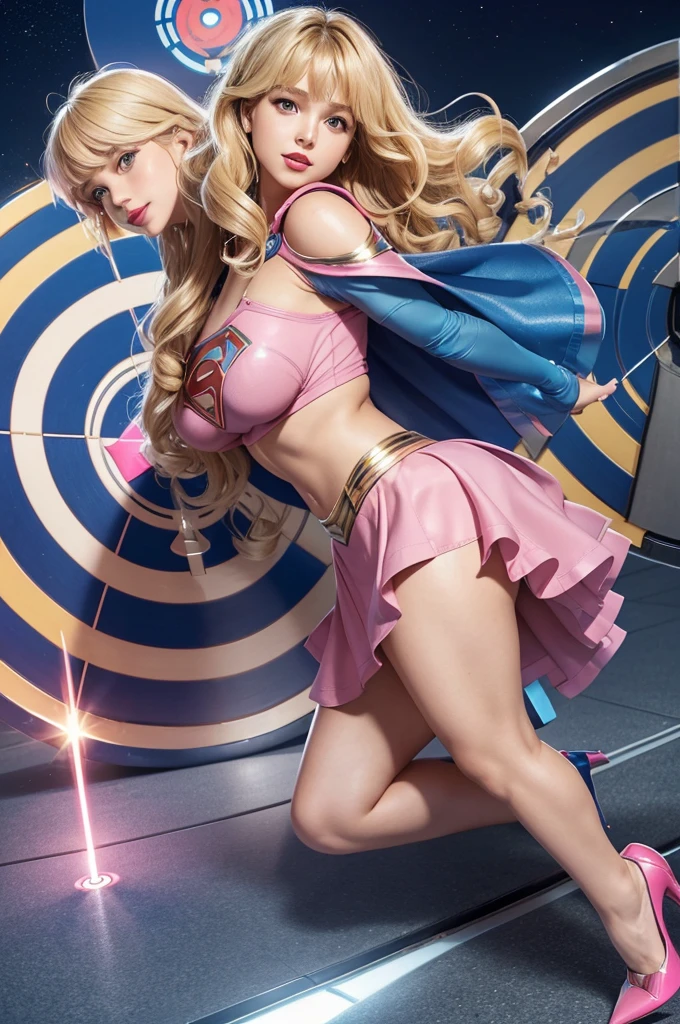 girl, 2, Full body view, Full body view, Full body view, Beautiful woman with shoulder length wavy blonde hair, Both sides up with bangs, curls, Shoulder-Length Blonde Wavy Hair，with bangs, Both sides up, curls, Shoulder-Length Blonde Wavy Hair，with bangs, Both sides up, curls, Definition, (Large target_breast:1.5) Red lipstick, Smile, hands-free, Stand facing the camera, (( Short sleeve, Knee length, Two-piece, sparkling pink and blue futuristic body armor of Supergirl with matching skirt and high heels)), Roof garden city night view, (Curvy beauty:1.0)