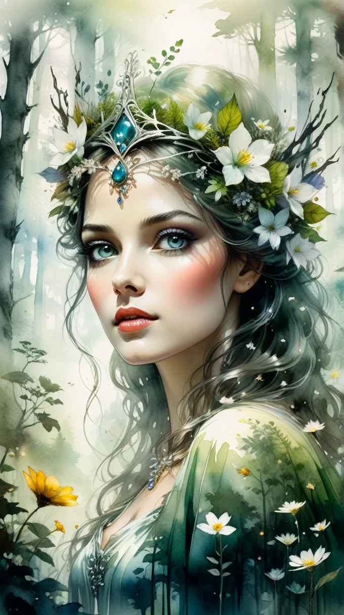 double exposure of a detailed pretty forest queen, shining eyes. bathing in a mist of flowers, wide shot, low upwards angle, Cel-Shaded line art in the background of a forestscape : double exposure : beautiful watercolor ink splash art water color paints, grainy, cursedby Sarah Creswell and Luis Royo and Pino Daeni, Enki Bilal style