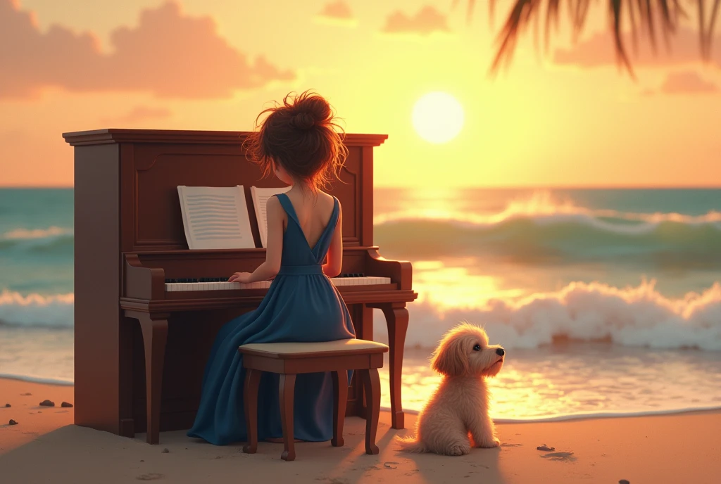 A whimsical scene of a woman playing a piano on the beach, viewed from behind. She wears a cute navy blue dress, and her hair is tousled by the gentle sea breeze. The piano is set on the sandy shore, with waves gently lapping nearby. A small, fluffy dog sits by her side, watching the ocean. The sun sets in the background, casting a warm, golden glow over the scene, creating a serene and magical atmosphere.