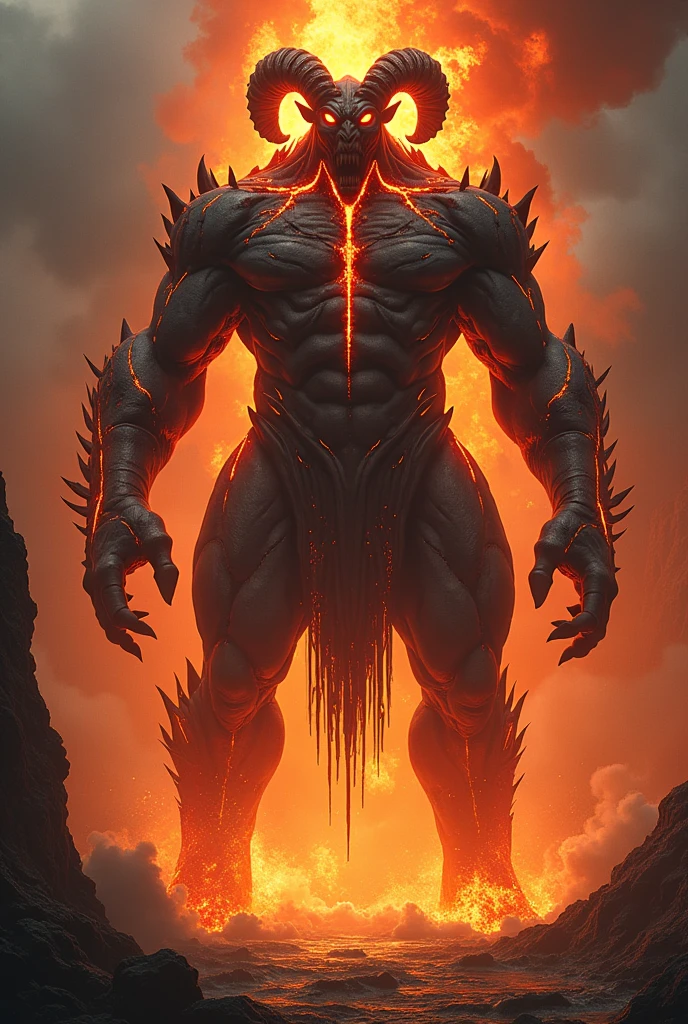 Giant humanoid，Long curvature、Legs that look like sheep&#39;s hooves，And strong arms，His skin is as dark as iron，Every bulge of muscle is covered with cracks flowing with fire and magma，Blazing flames form the armor of this demon，Molten iron dripped slowly from the cracks in his skin，The demon&#39;s entire body seemed like a mountain that was erupting.