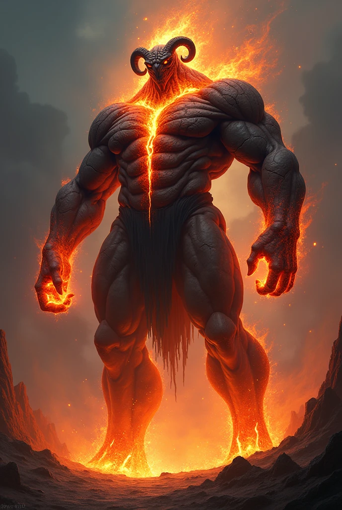 Giant humanoid，Long curvature、Legs that look like sheep&#39;s hooves，And strong arms，His skin is as dark as iron，Every bulge of muscle is covered with cracks flowing with fire and magma，Blazing flames form the armor of this demon，Molten iron dripped slowly from the cracks in his skin，The demon&#39;s entire body seemed like a mountain that was erupting.