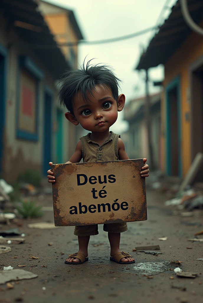 Create a 3D image of a dirty beggar child with the phrase God Bless You in Portuguese
