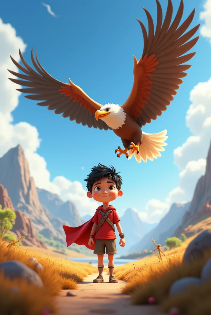 In cinematic 3d cartoon style"The mood is adventurous, filled with hope and heroism, as Chiki takes charge to help the eagle