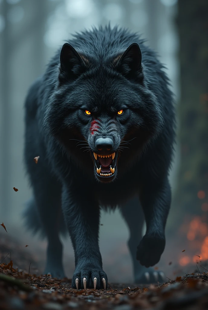 Black angry wolf with blood mark