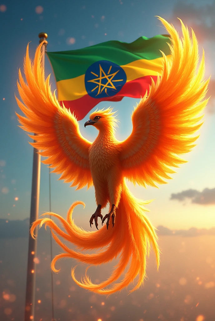 Beautiful Ethiopian fire Phoenix rising with Ethiopian flag on the sky