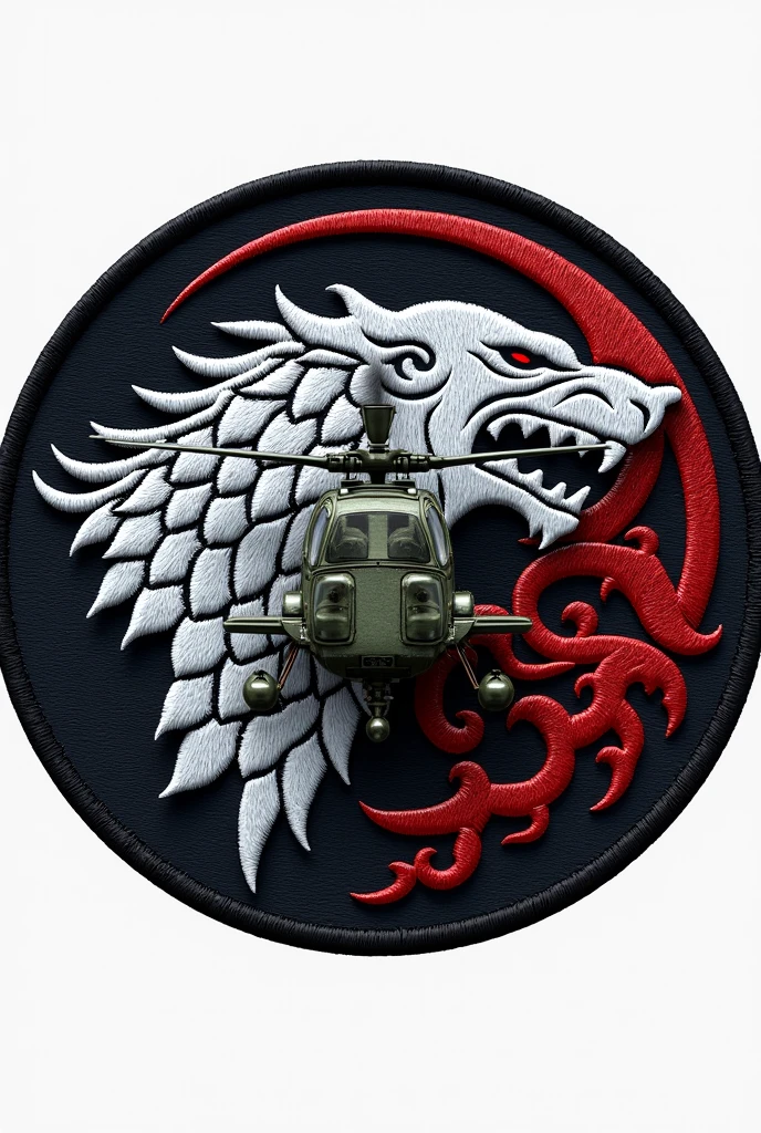 Create a circular patch of Aviation Squadron called Wolves having helicopter MI 171, with House Stark sigil, patch picture should be without background , make it circular